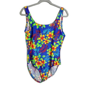 Catalina Vintage Swimsuit One Piece Size 2X Floral Hawaiian Blue Ribbed 90s Y2K